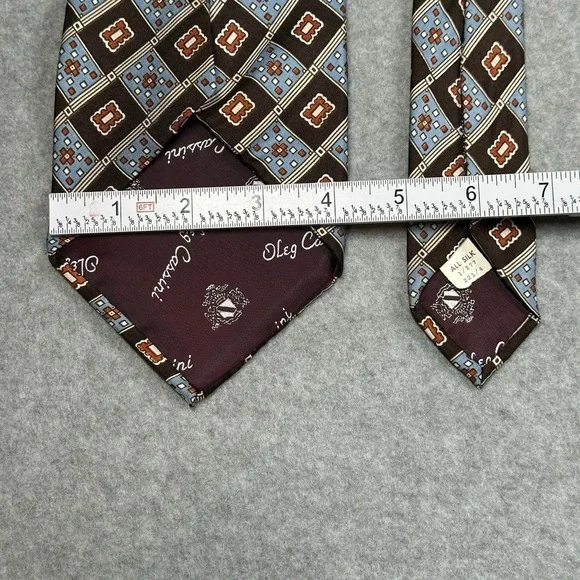 Oleg Cassini Silk Tie Brown Blue Geometric Foulard Classic Vintage - Picture 3 of 6